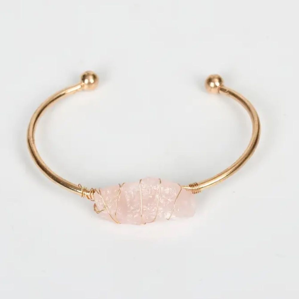 Raw Rose Quartz Wire Wrapped Gold Cuff Bracelet